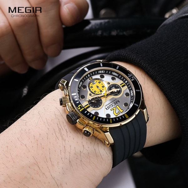 MEGIR Chronograph Klockor för män Mode Militär Sport Silikon Armbandsur med Auto Date Vattentät Quartz Watch часы Gold Black-Box