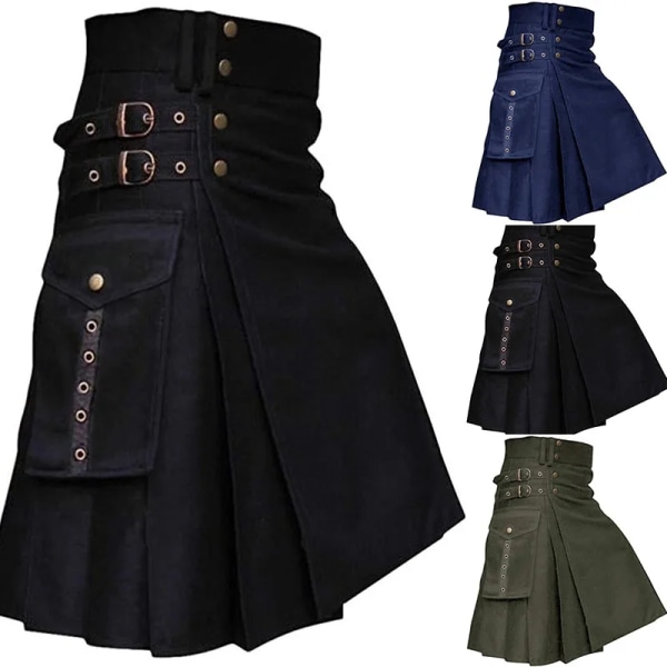 Herr Kilt Utility Scottish Traditional Highland Solid plisserade spännband Kostym Kilts med lastfickor black 4XL