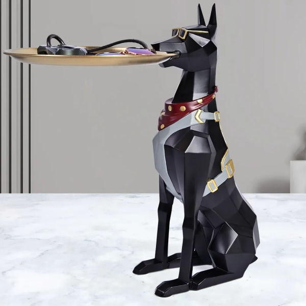 Doberman Pinscher Harts Hund Skulptur Butler med metallbricka Hantverk Prydnad Dekor Konst Djurfigurer Dekorativ heminredning