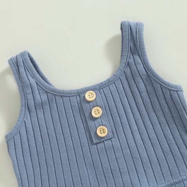 Sommar Toddler Baby Flickor Outfit Kläder Set Enfärgad knappväst + Ribbade dragsko Shorts Baby Barnkläder Blue 10-11Years