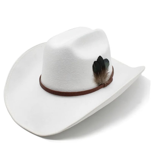 Retro fjäder tibetansk stil imitation kashmir kvinnor män Stor bred brätte Yellowstone Cowboy Western Hat Cowgirl Cap 56 59cm White