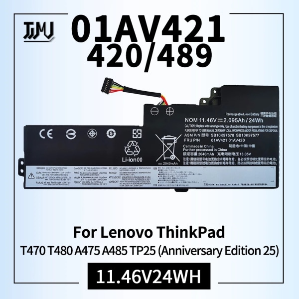 Laptopbatteri SB10K97578 01AV421 Kompatibel för Lenovo ThinkPad A475 A485 T470 T480 TP25 Notebook 01AV489 SB10K97576 11.46V24Wh 01AV421 11.46V24WH