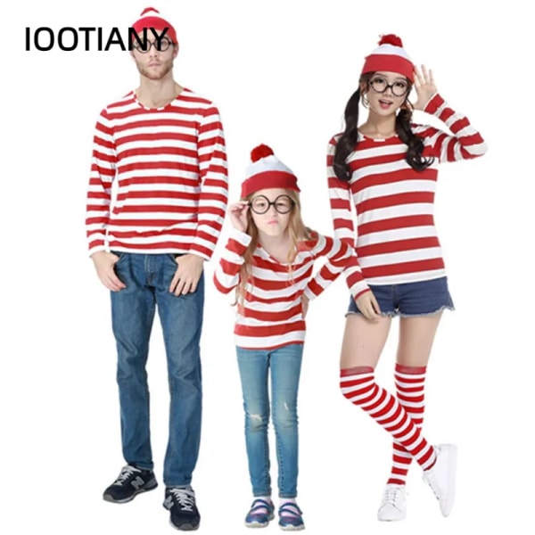 S-XXL Förälder-barn Tecknad Var är Wally Waldo Kostym Waldo Book Week Cosplay Outfit Rand Skjorta Hatt Glasögon Kit Women S