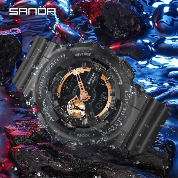 SANDA Top Märke Digital Watch Herr Sportklockor Elektronisk LED Watch för män Klocka Utomhus Vattentät Armbandsur 3110 Black Rose