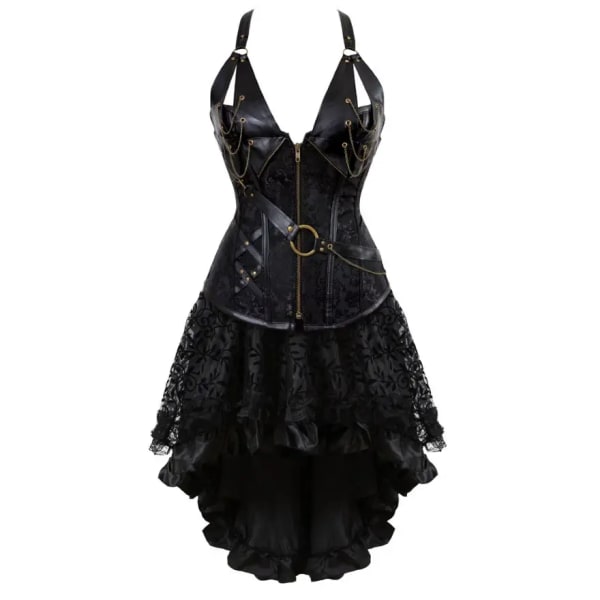Gotisk Steampunk Korsettklänning för kvinnor Piratkostym PU-läderkorsett Bustier Underkläder Topp med asymmetrisk blommig spetskjol Set 7056brown 5XL