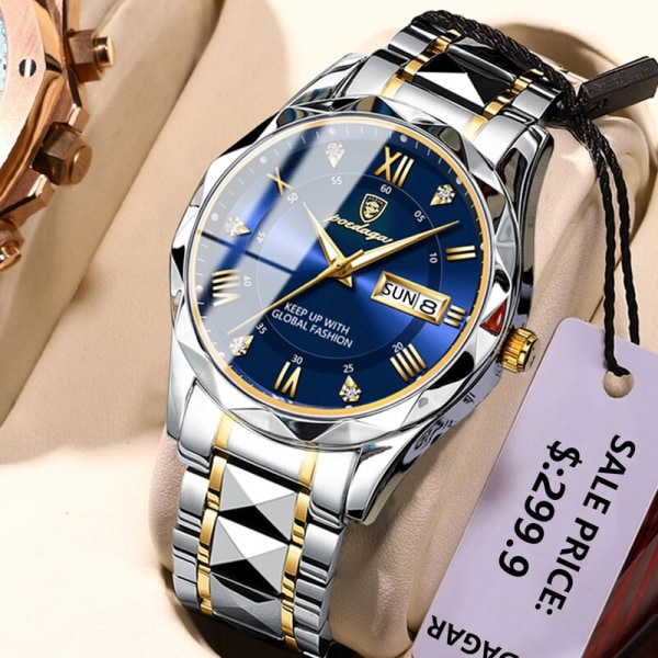 Lyx Herrklockor Business Toppmärke Man Armbandsur Vattentät Lysande Date Week Quartz Watch Hög kvalitet+låda Gold Blue