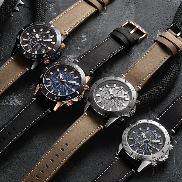 MEGIR & RUIMAS 2020 Chronograph Quartz Watches Herrmode Lyxigt Läderarmband Armbandsur Casual Vattentät Lysande Watch Man Black