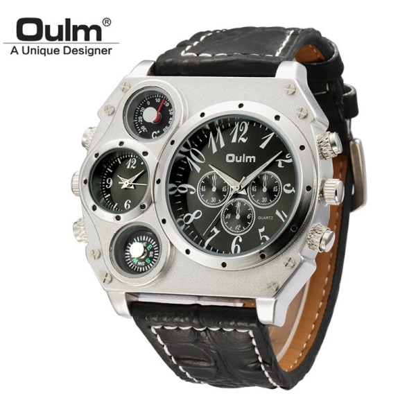 Oulm Unikt designermärke Watch för män Flera tidszoner kvartsklockor Big Dial Casual Armbandsur Military Watch Herr Black