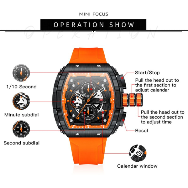 MINI FOCUS Chronograph Quartz Watch for Herr Tonneau Dial Military Sport Armbandsur Hane med orange silikonrem Auto Date Orange