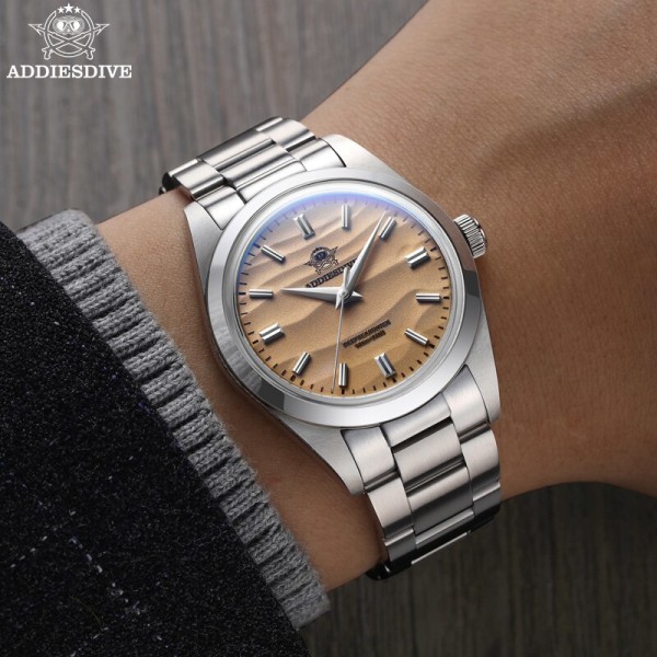 ADDIESDIVE 36mm watch för män 316L rostfritt stål bubbla spegel Cover glas 100m vattentät kvarts armbandsur reloj hombre Brown