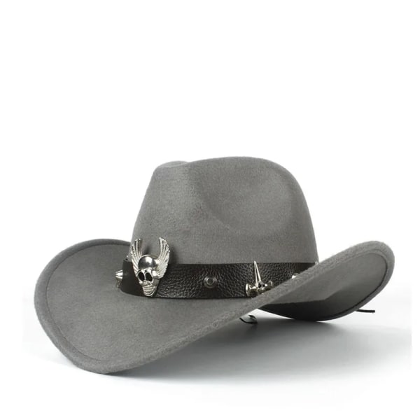 Ull Damer Män Ihålig Western Cowboyhatt med Steampunk-bälte Outback Jazz Toca Sombrero Cap Storlek 56 58CM gray