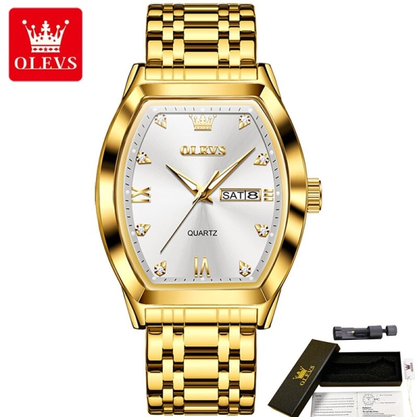 OLEVS 5528 Quartz Business Herrarmbandsur, Armband av rostfritt stål Tonneau-formad vattentät watch för män Lysande kalender White-Gold