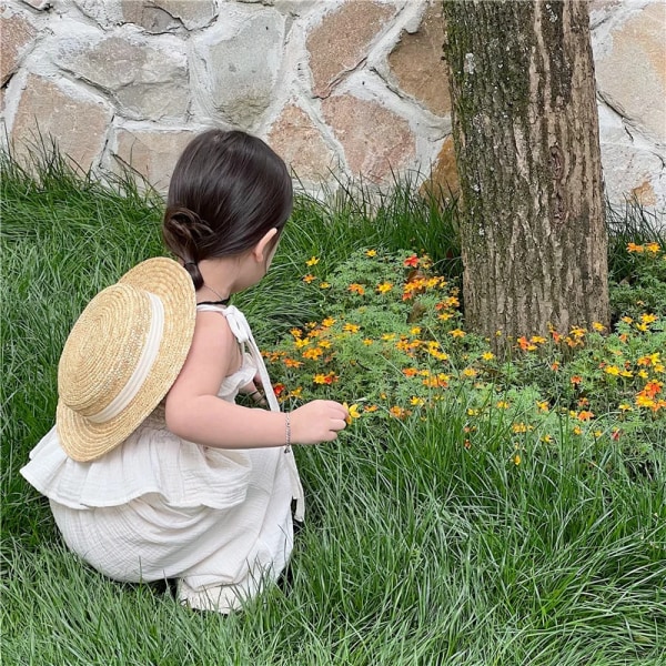 Koreanska Barn Barn Kläder Set Flickor Sommar Ekologisk bomull Tie Tank Sling Smocked Topp Spets Vida Ben Byxor Byxor Outfits Beige 100-2-3Y