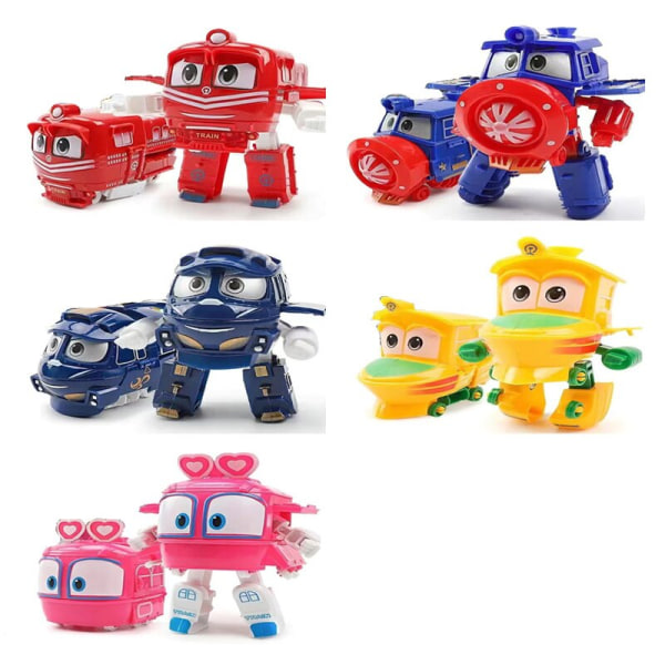 Tecknade barn Tåg Deformation Robotar Modellleksaker Plast Tåg Actionfigur Deformation Robot Bil Animespel Barngåvor 5Pcs No box