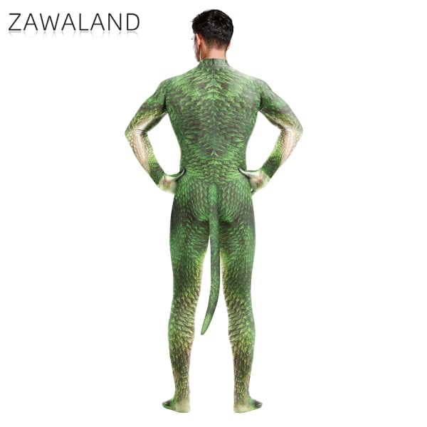 Zawaland Halloween Bodysuits Man Vuxen Kostym Med Svans Cover Elastisk Zentai Suit Cosplay Animal Dragon Print Catsuit 1001 XL