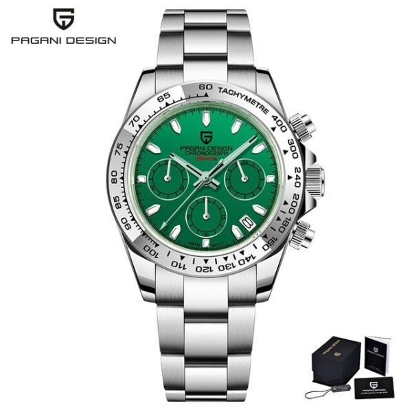 PAGANI DESIGN Ny infattning i rostfritt stål Herr Quartz Armbandsur Lyx Safirglas Chronograph VK63 Watch Herr Reloj Hombre Green