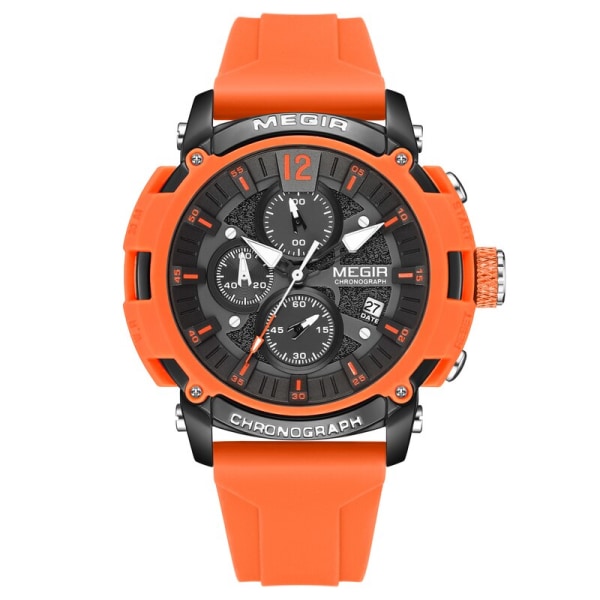 Megir herrkronograf analog watch för män med datum lysande händer Orange silikonrem Vattentät armbandsur hane Orange