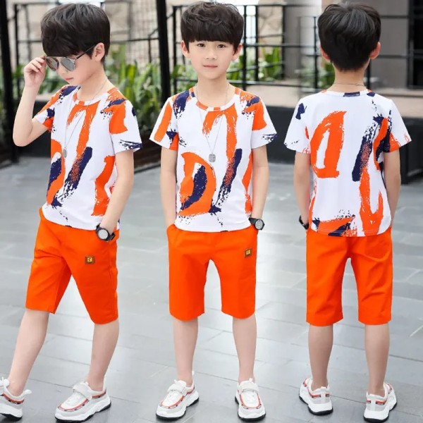 Barn Pojkar kläder sommar outfits Bomull Tonårspojkar Kläder casual Kostym Barn Kortärmad skjorta Shorts Set 4 6 8 12 år Orange 10