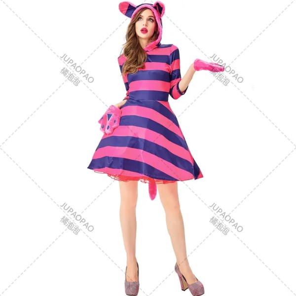 Alice In Wonderland Kostym Cheshire Cat Cosplay Klänning För Vuxna Barn Halloween Kostym Tjusiga festdräkt Förälder-barn kläder Violet blue stripes M