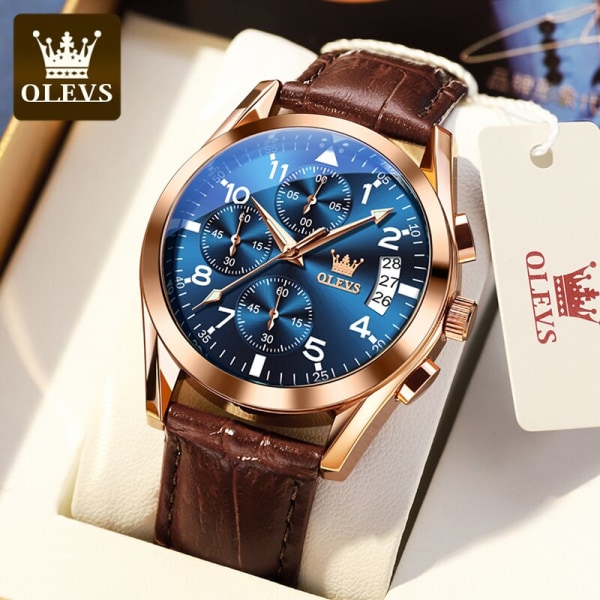 OLEVS Watch för män Original läderrem Datumvisning Vattentät Lysande Business Casual Quartz Watch Toppmärke 2878 brown blue