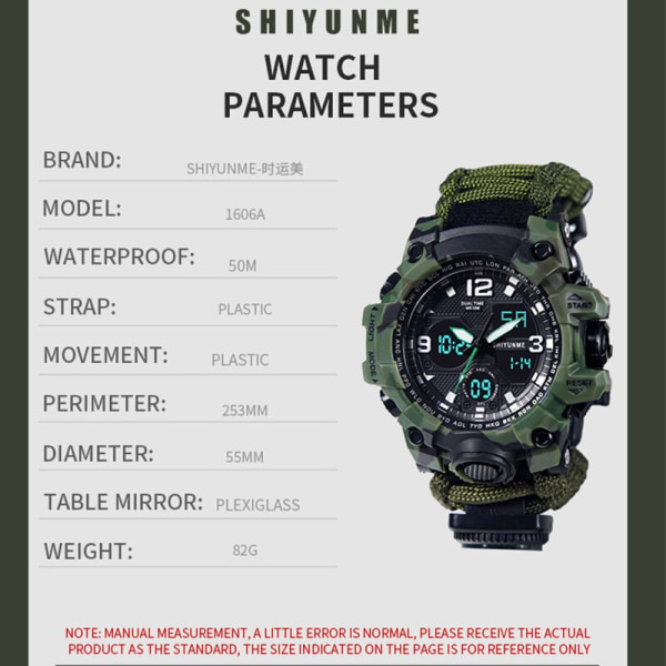 SHIYUNME G Style Militär Watch Män Vattentät LED Digital watch Utomhuscamping Kompass Termometer Quartz Armbandsur green with strap A