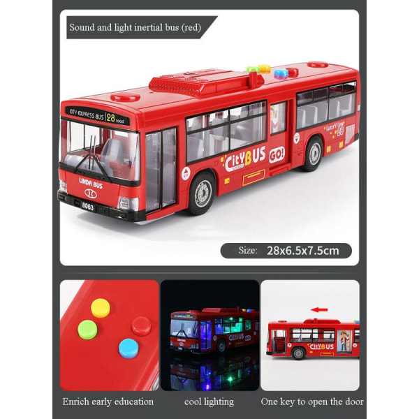 Stor modell av barnsimuleringsstadsbuss, lätt bil och Itude, skyttebuss, pedagogisk present för pojkar, hög kvalitet Red bus