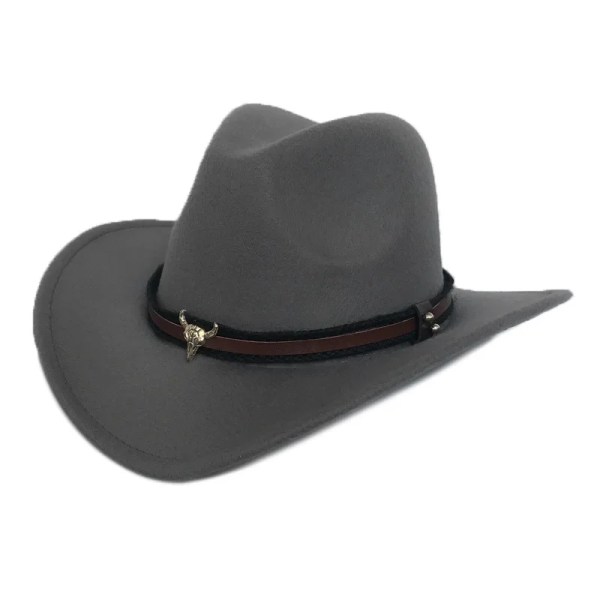 West Cowboyhatt Modesimitation ullfilthatt Metall Tjurhuvud Dekoration Sombrero Western Män Kvinnor Cap Svart Brun Gray