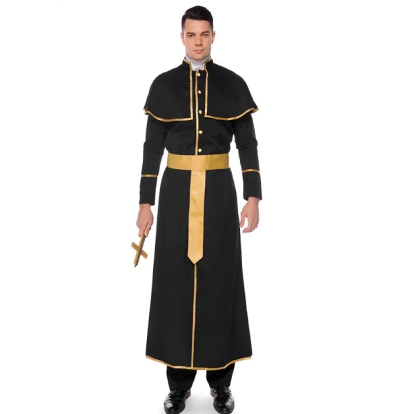 Halloween Carnival kostym för man Gud Fader Missionär Präst Cosplay kostymer med bälte Neckwear Cross Style-1 Height 168-180cm