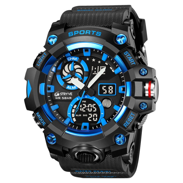 STRYVE Märke Herr Sportklockor Dual Display Analog Digital LED Elektronisk Quartz Armbandsur 50m Vattentät Watch 8027 Black blue