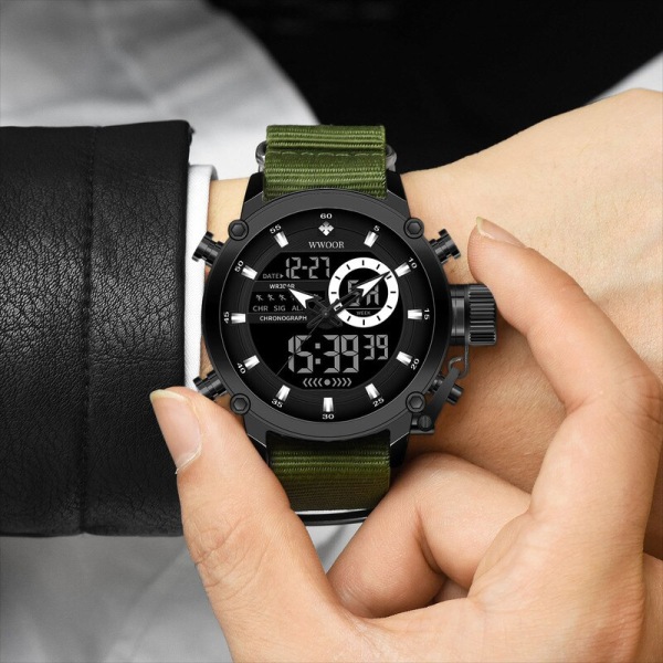 Nytt mode Militärsport Nylon för män Digital Quartz Armbandsur Vattentät Dual Display Klocka Relogio Masculino Silic Sliver