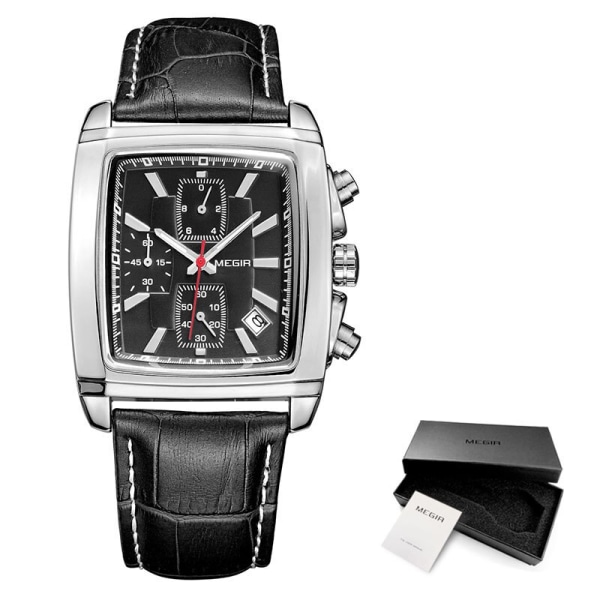 Megir Rectangle Dial Läderarmband Watch för män Casual Blå kronograf kvartsklockor Man Armbandsur montre reloj часы мужские 2028Black