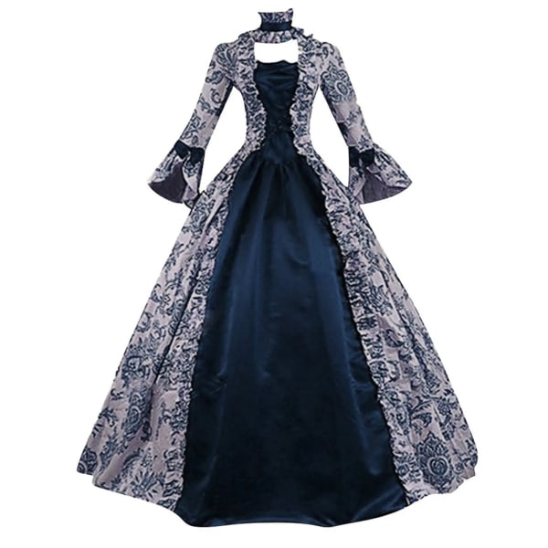 Kvinnor Cosplay Marie Antoinette Klänning Vintage Medeltida Flare Sleeve Victorian Party Formell Klänning Renaissance Gothic Blommor Robe Dark Blue XXXL