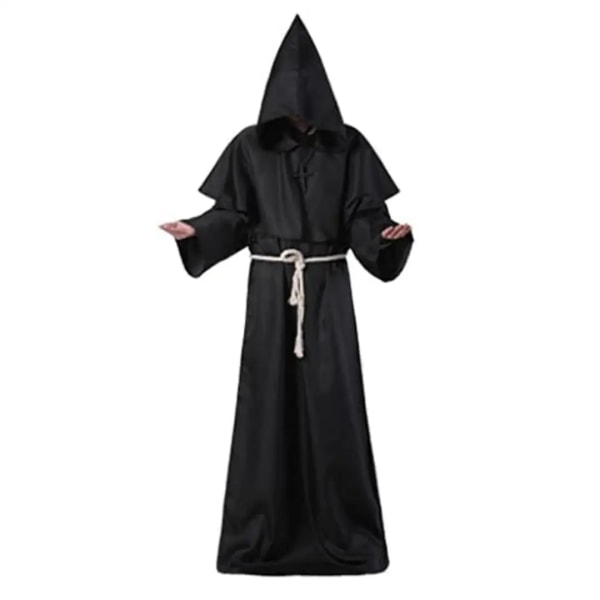 Medeltida munk dräkt med huva Präst dräkt outfit Medeltida mantel Tunika Halloween Cosplay för scen black M