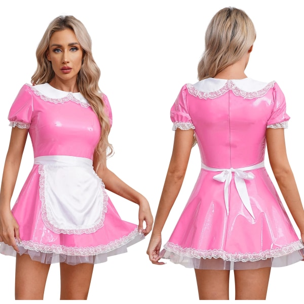 Kvinnor Vuxna French Maid Uniform Cosplay-kostymer med förkläde Dockkrage Puffärm volang Spets Lackläder A-linjeklänning Pink A XXL