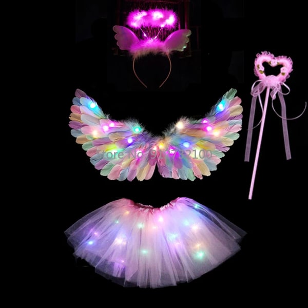 Angel Cosplay Light Tutu Kjol Hårband Glow Feather Wing Födelsedag LED Party Kostym-4st set 1 4pcs set 1 for 2-8years kids