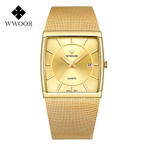 Lyx watch män fyrkantig Japan kvarts smalt mesh Vattentät Sport Automatisk Date Armbandsur Relogio Masculino gold gold