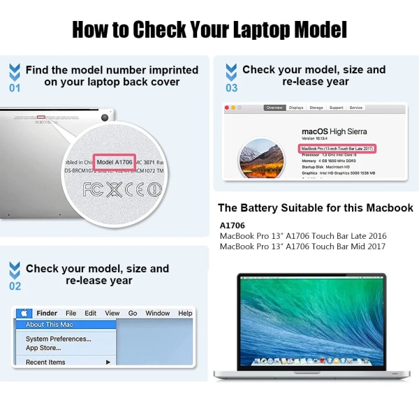 Laptop batteri Coeknn 11.4V A1819 för Apple MacBook Pro 13'' Touch Bar A1706 (sent 2016 mitten av 2017) EMC 3071 EMC 3163 MLH12LL/A 4314mAh