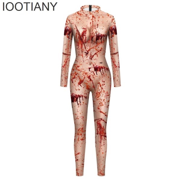 IOOTIANY Bloody Bloodstains 3D print Kvinnor Sexig Jumpsuit Halloween Skräck Carnival Cosplay Kostymer Snygga Bodysuit Party-byxor A L