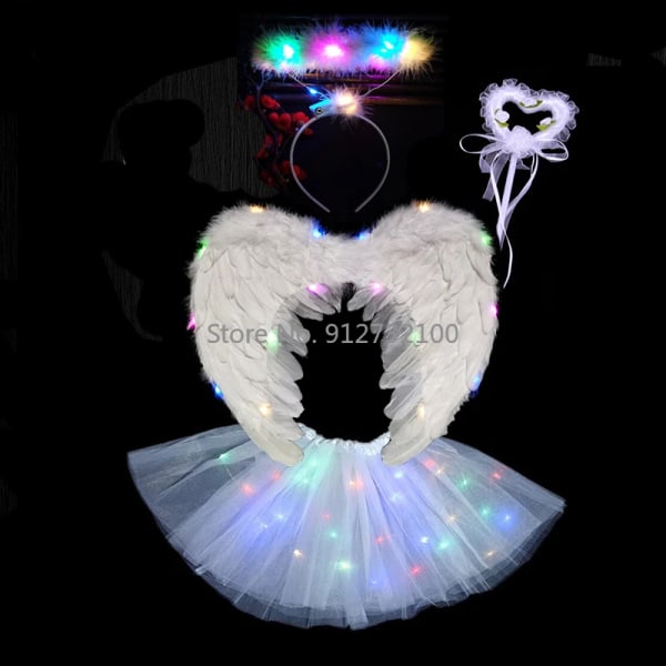 Angel Cosplay Light Tutu Kjol Hårband Glow Feather Wing Födelsedag LED Party Kostym-4st set 6 4pcs set 6 for 2-8years kids