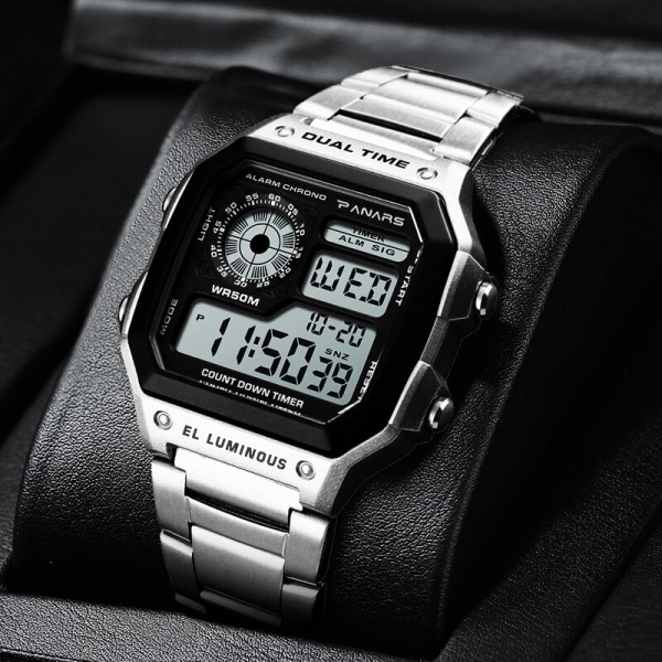 SYNOKE Watch Vattentät metallrem Digital watch Elektronisk klocka Stötsäkra sportklockor för män Relogio Masculino Metal Strap Black