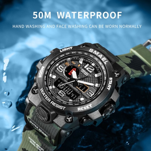 SMAEL klockor för män 50M vattentät klocka Alarm reloj hombre 1545D Dual Display Armbandsur Quartz Military Watch Sport Ny Herr CAMOARMYGREEN