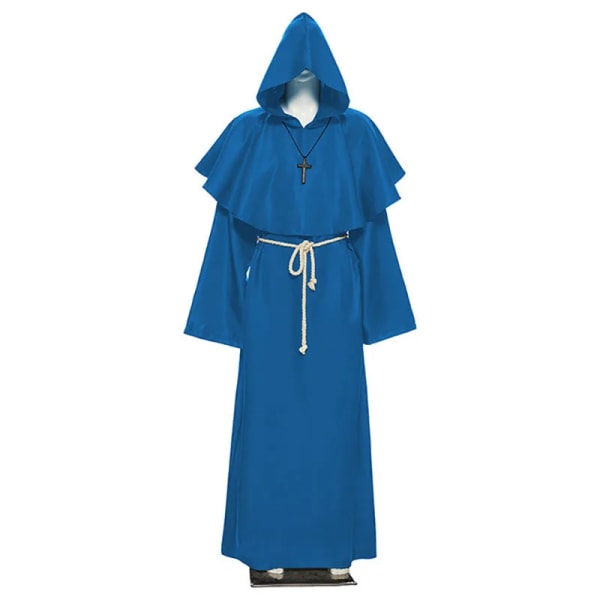 Medeltida munkkyrka Prästdräkt Cosplay-prästklänning med huva för män, kappa Cape Minister Kappa Halloween-outfit för vuxen Blue 3XL