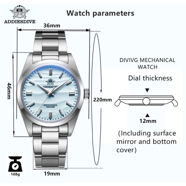 ADDIESDIVE 36mm watch för män 316L rostfritt stål bubbla spegel Cover glas 100m vattentät kvarts armbandsur reloj hombre Blue