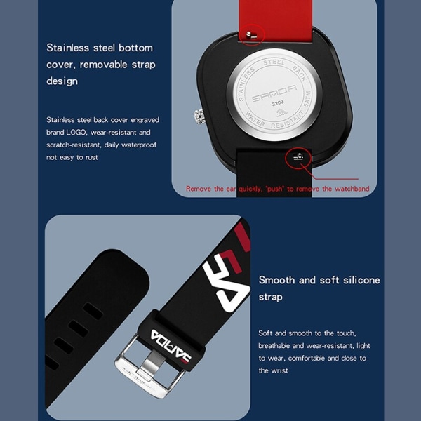 SANDA Brand Mode Sport Quartz Watch Herr Lyx Casual Vattentät Silikonrem Herr Klocka Enkel Design Herr Armbandsur 3203 black