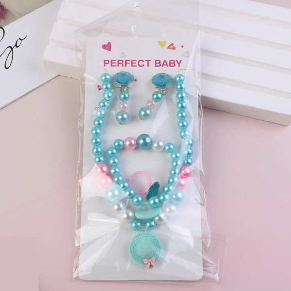 Barnhalsband Imitation Pearl Pink Beads Flower Halsband Ring örhänge armband För Barn Flickor Barn Smyckesset Blue Hat