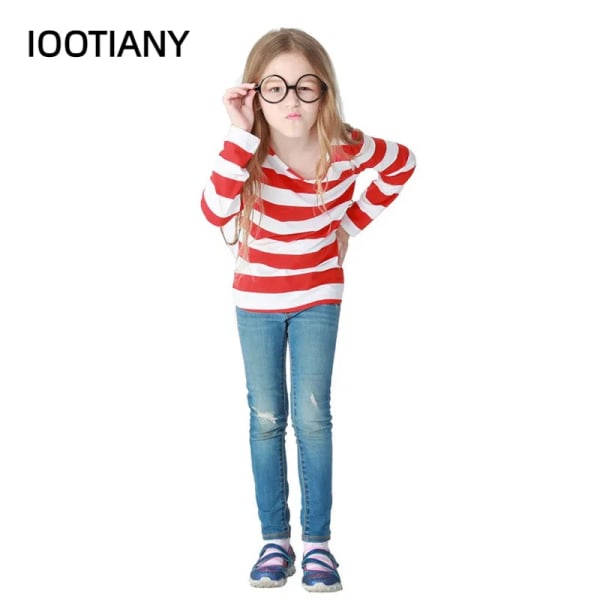 S-XXL Förälder-barn Tecknad Var är Wally Waldo Kostym Waldo Book Week Cosplay Outfit Rand Skjorta Hatt Glasögon Kit Men M