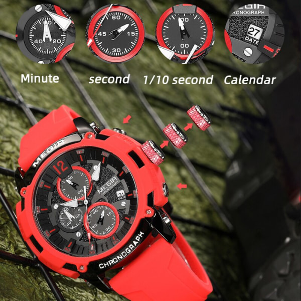 Megir herrkronograf analog watch för män med datum lysande händer Orange silikonrem Vattentät armbandsur hane Red