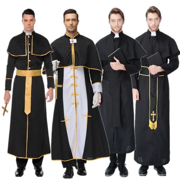 Halloween Carnival kostym för man Gud Fader Missionär Präst Cosplay kostymer med bälte Neckwear Cross Style-3 Height 168-180cm