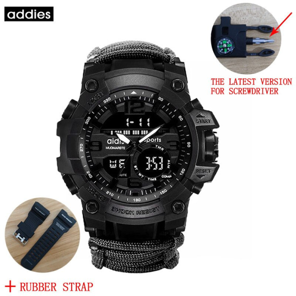 ADDIES Military Survive Outdoor LED Digital Watch Multifunktion Kompass Visslingar Vattentät Quartz Army Watch relogio masculino Black with strap