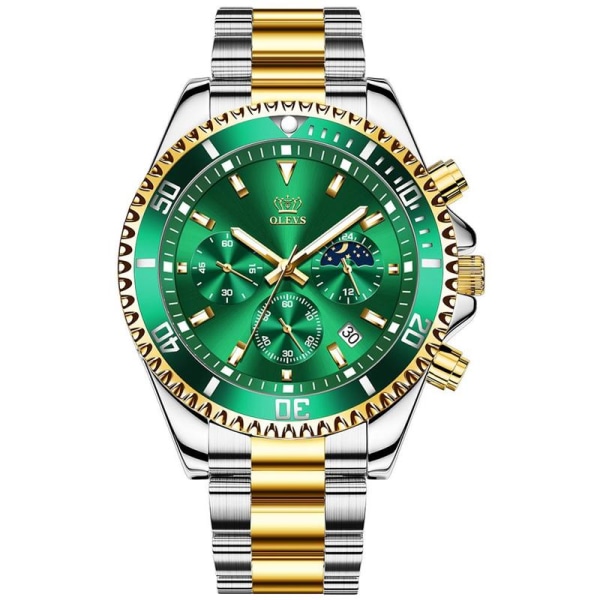 OLEVS Herrklockor Mode Vattentät Quartz Watch Herr Toppmärke Lyx Armband i rostfritt stål Sport Datumklocka Man Gold green face